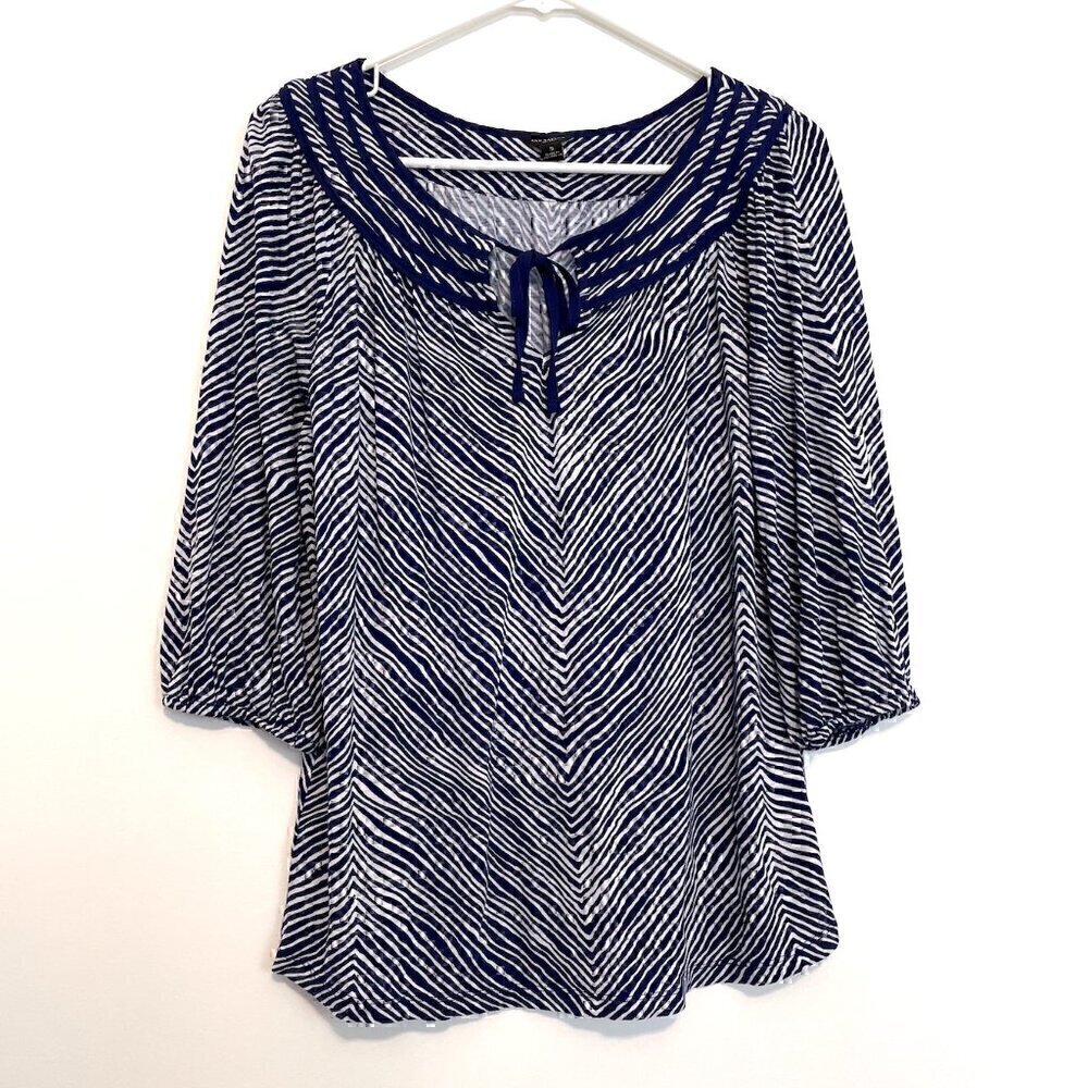 ANN TAYLOR Chevron Print Popover Top Navy Blue White Tie Neck Bow 3/4 Sleeve S